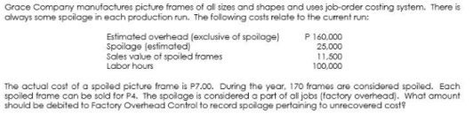 Grace Company manufactures picture frames of all sizes and shapes and uses job-order costing system. There is
always some spoilage in each production run. The following costs relate to the current run:
Estimated overhead (exclusive of spoilage)
spoilage (estimated)
Sales value of spoiled frames
Labor hours
P 160.000
25,000
11.500
100,000
The actual cost of a spoiled picture frame is P7.00. During the year, 170 frames are considered spoiled. Each
spoiled frame can be sold for P4. The spoilage is considered a part of all jobs (factory overhead). What amount
should be debited to Factory Overhead Contral to record spoilage pertaining to unrecovered cost?
