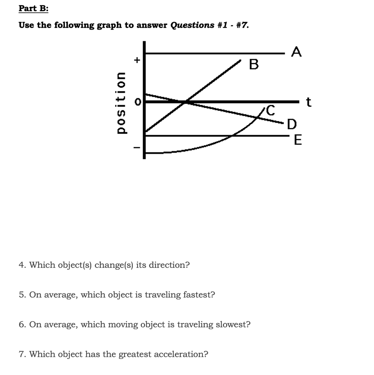 Part B:
Use the following graph to answer Questions #1 - #7.
position
+
I
4. Which object(s) change(s) its direction?
5. On average, which object is traveling fastest?
B
6. On average, which moving object is traveling slowest?
7. Which object has the greatest acceleration?
A
D
E
t