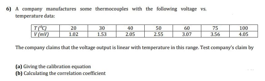 6) A company manufactures some thermocouples with the following voltage vs.
temperature data:
T ('C)
V (mV)
20
30
40
50
60
75
100
1.02
1.53
2.05
2.55
3.07
3.56
4.05
The company claims that the voltage output is linear with temperature in this range. Test company's claim by
(a) Giving the calibration equation
(b) Calculating the correlation coefficient
