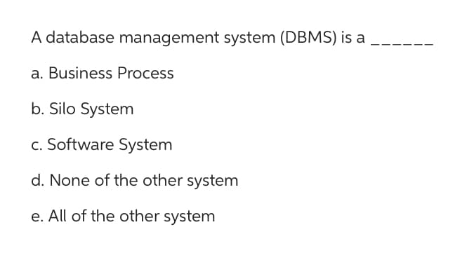 A database management system (DBMS) is a
a. Business Process
b. Silo System
c. Software System
d. None of the other system
e. All of the other system