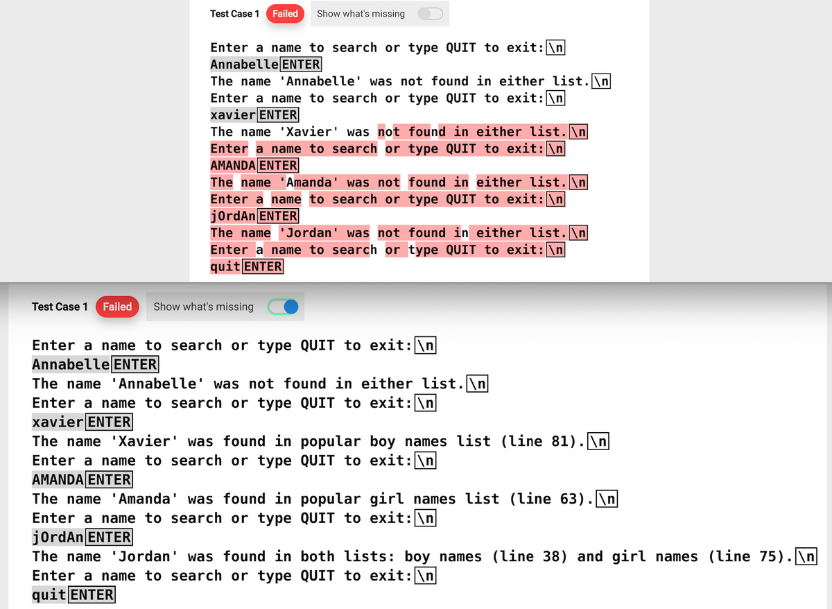 Test Case 1 Failed
Enter a name to search or type QUIT to exit: \n
Annabelle ENTER
The name 'Annabelle' was not found in either list.\n
Enter a name to search or type QUIT to exit: \n|
xavier ENTER
Show what's missing
The name 'Xavier' was not found in either list.
type QUIT to exit: \n
Enter a name to search or
AMANDA ENTER
The name 'Amanda' was not
found in either list.\n
Enter a name to search or type QUIT to exit: \n
jordan ENTER
The name 'Jordan' was not found in either list.\n
Enter a name to search or type QUIT to exit: \n
quit ENTER
Test Case 1 Failed Show what's missing
Enter a name to search or type QUIT to exit: \n
Annabelle ENTER
The name 'Annabelle' was not found in either list.\n
Enter a name to search or type QUIT to exit: \n
xavier ENTER
The name 'Xavier' was found in popular boy names list (line 81).\n
QUIT to exit: \n
Enter a name to search or type
AMANDA ENTER
The name 'Amanda' was found in
Enter a name to search or type
jordAn ENTER
popular girl names list (line 63).\n
QUIT to exit: \n
The name 'Jordan' was found in both lists: boy names (line 38) and girl names (line 75).\n
Enter a name to search or type QUIT to exit: \n
quit ENTER