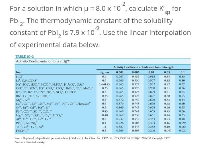 -2
For a solution in which u = 8.0 x 10, calculate K,
for
ds.
Pbl,. The thermodynamic constant of the solubility
-9
constant of Pbl, is 7.9 x 10. Use the linear interpolation
of experimental data below.
TABLE 10-2
Activity Coefficients for Ions at 25"C
Activity Coefficient at Indicated Tonic Strength
lon
0.001
0.005
0.01
0.05
0.1
H,O
L, C,H,CO0
Na". 10,, HSO,, HCO,, H,PO,. HASO. OAC
OH F. SCN, HS, CIO,. CIO,, BrO,. 10,. Mno,
K*, CI", Br.1, CN, NO,, NO,. HCOO-
Rb", C, TI". Ag, NH,"
Mg, Be
G*. Cu, Zn, Su*, Mn, Fe*, Ni*, Co", Phchalate
St, Ba", Cd", Hg, s
Pb, Co,-, So,, CO
Hg", so,, s,0, Cr HPO,
Al*. Fe, C*, La", Ce
PO,", Fe(CN),"
Th", Z*, Ce, Sn
Fe(CN),
0.9
0.967
0.934
0.930
0.927
0.913
0.85
0.83
0.6
0.966
0.907
0.83
0.80
0.4-0.45
0.965
0.902
0.82
0.77
0.35
0.965
0.926
0.900
0.81
0.76
0.3
0.965
0.925
0,899
0.81
0.75
0.75
0.44
0.25
0.965
0.925
0,897
0,80
0.872
0.690
0.756
0.748
0.8
0.52
0.6
0.870
0.676
0.48
0.40
0,5
0.45
0.869
0.743
0.668
0.46
0.38
0.741
0.45
0.44
0.868
0.665
0.36
0.40
0.867
0.738
0.661
0.35
0.443
0.394
0.9
0.737
0.540
0.24
0.18
0.505
0.348
0.4
0.726
0.16
0.095
1.1
0.587
0.252
0.10
0.063
0.5
0.569
0.305
0.200
0.047
0.020
Source: Reprinted (adapted) with permision from J. Kielland, Am. Chem. Sor,, 1937, 59, 1675, DOI: 10.1021/ja01288a032. Copyright 1937
American Chemical Society.
