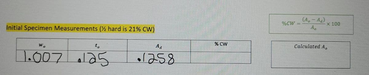 %CW
(A.- Aa)
X 100
%3D
Initial Specimen Measurements (% hard is 21% CW)
A.
% CW
W.
Ad
Calculated A,
1.007 ola5
