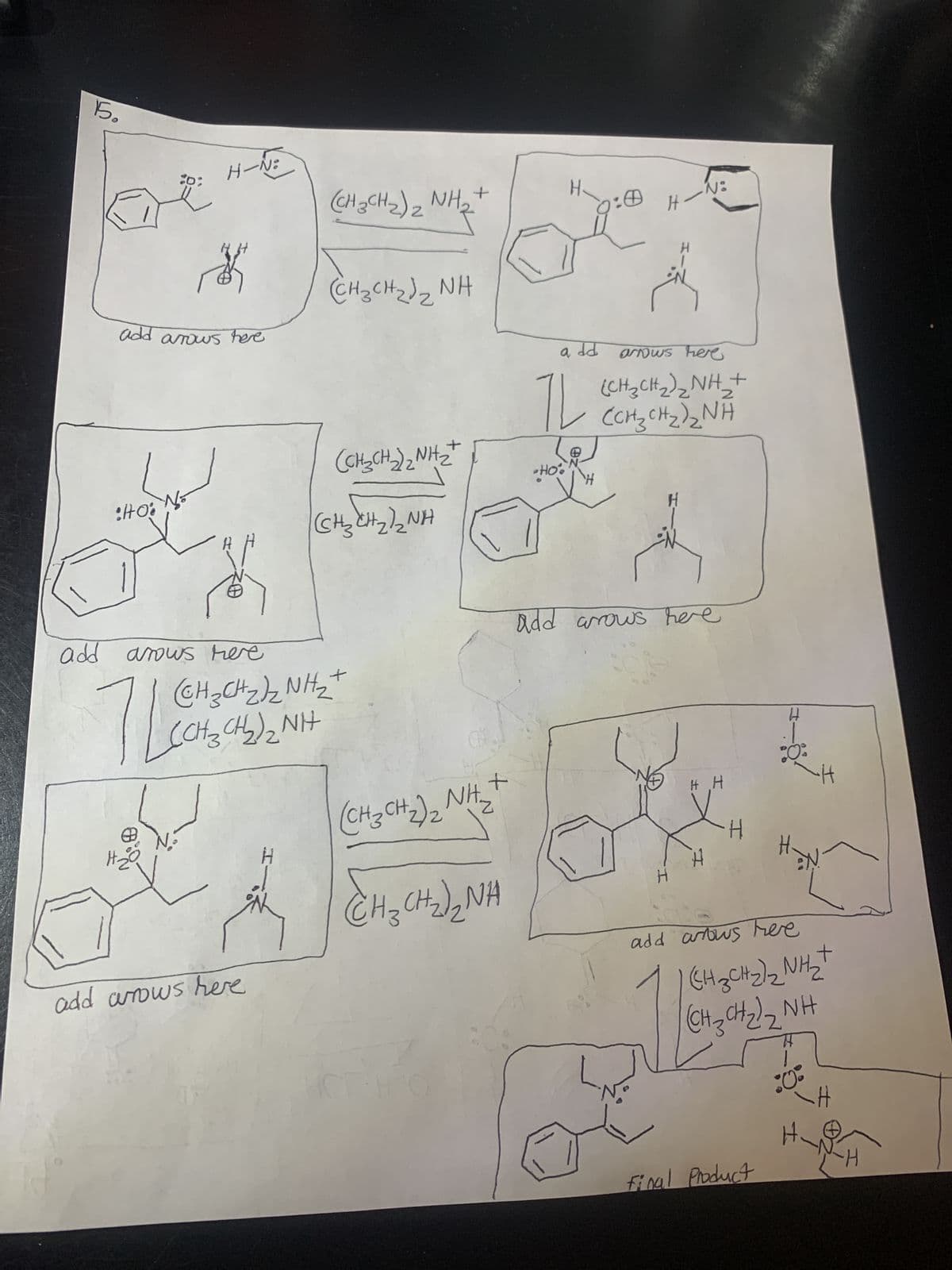 15.
:D:
•NiOH:
H-NE
add arows here
#₂0
L
add arows here
(CH2CH2)2NH,
(CH3CH2)2NH
add wrows here
(CHSCH2)2 NH2
HIN² ( ² HR EH5)
(CH3CHz)는 NHz+
SCHỊCH)2NH
+
(CH3CH2)2 NH
CHỊCH NH
+
H
12
•OH®
9:0
H
€
add arrows here
(CH,CH2)2NH,
CCHCH2NH
H
H
I.
N:
add arows here
H
H #
H
H
Final Product
:0°
Ně
add arows here
(H3CH2)2NH
CH, CH2NH
Rowe
H
+
-H
H
-H