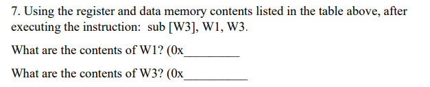 7. Using the register and data memory contents listed in the table above, after
executing the instruction: sub [W3], W1, W3.
What are the contents of W1? (0x
What are the contents of W3? (0x_
