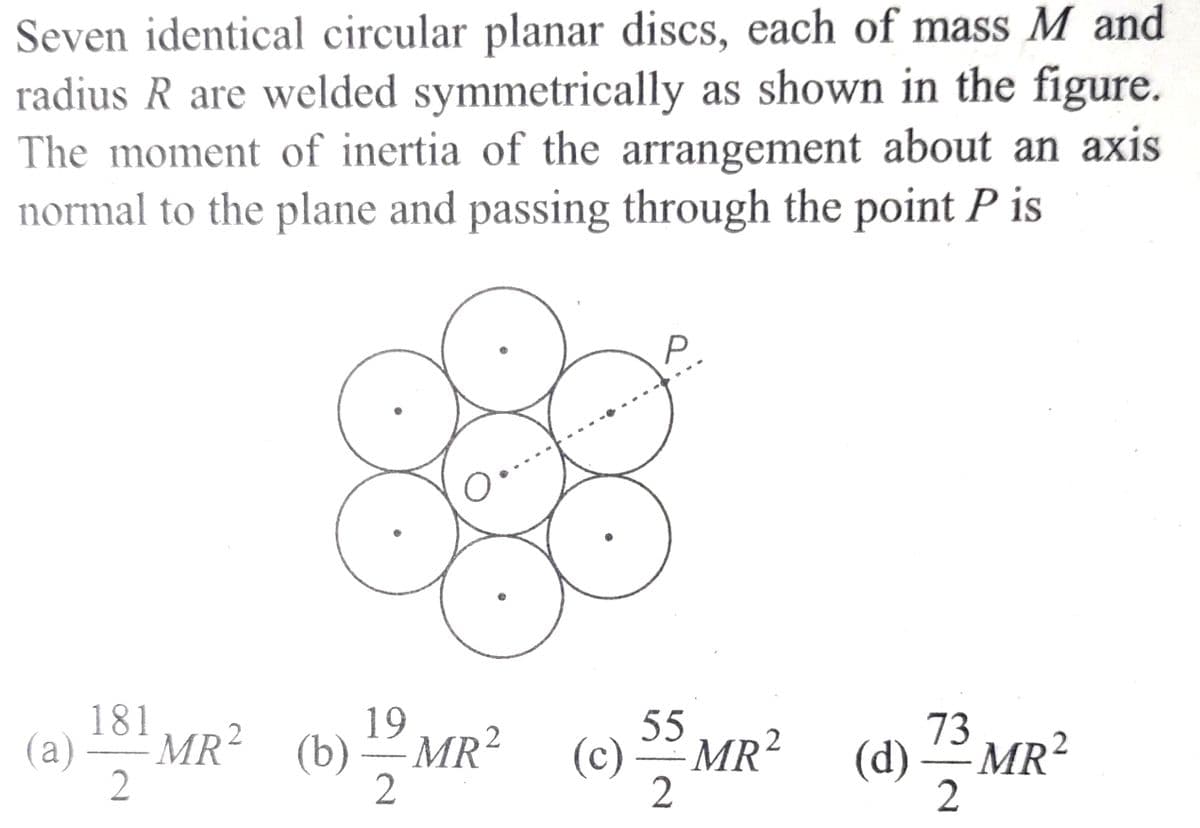 Seven identical circular planar discs, each of mass M and
radius R are welded symmetrically as shown in the figure.
The moment of inertia of the arrangement about an axis
normal to the plane and passing through the point P is
(a)
181
2
MR² (b)
19
2
MR² (c)
P.
55
MR²
2
73
(d) MR²
2