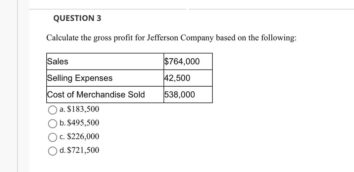 QUESTION 3
Calculate the gross profit for Jefferson Company based on the following:
Sales
Selling Expenses
Cost of Merchandise Sold
a. $183,500
b. $495,500
c. $226,000
d. $721,500
$764,000
42,500
538,000