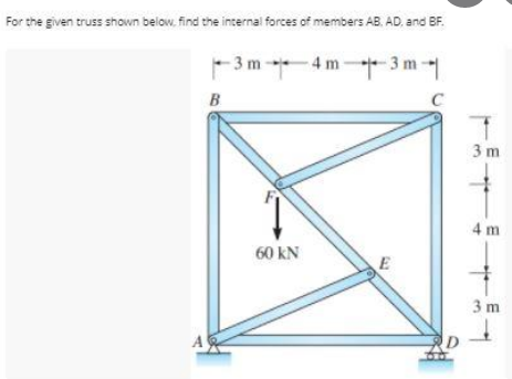 For the given truss shown below. find the incernal forces of members AB. AD, and BF.
-3 m -4 m-+3 m
- 3m-
C
B
3 m
4 m
60 kN
3 m
