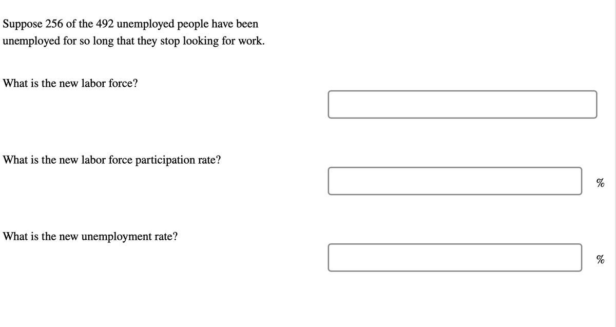 Suppose 256 of the 492 unemployed people have been
unemployed for so long that they stop looking for work.
What is the new labor force?
What is the new labor force participation rate?
What is the new unemployment rate?
%
%