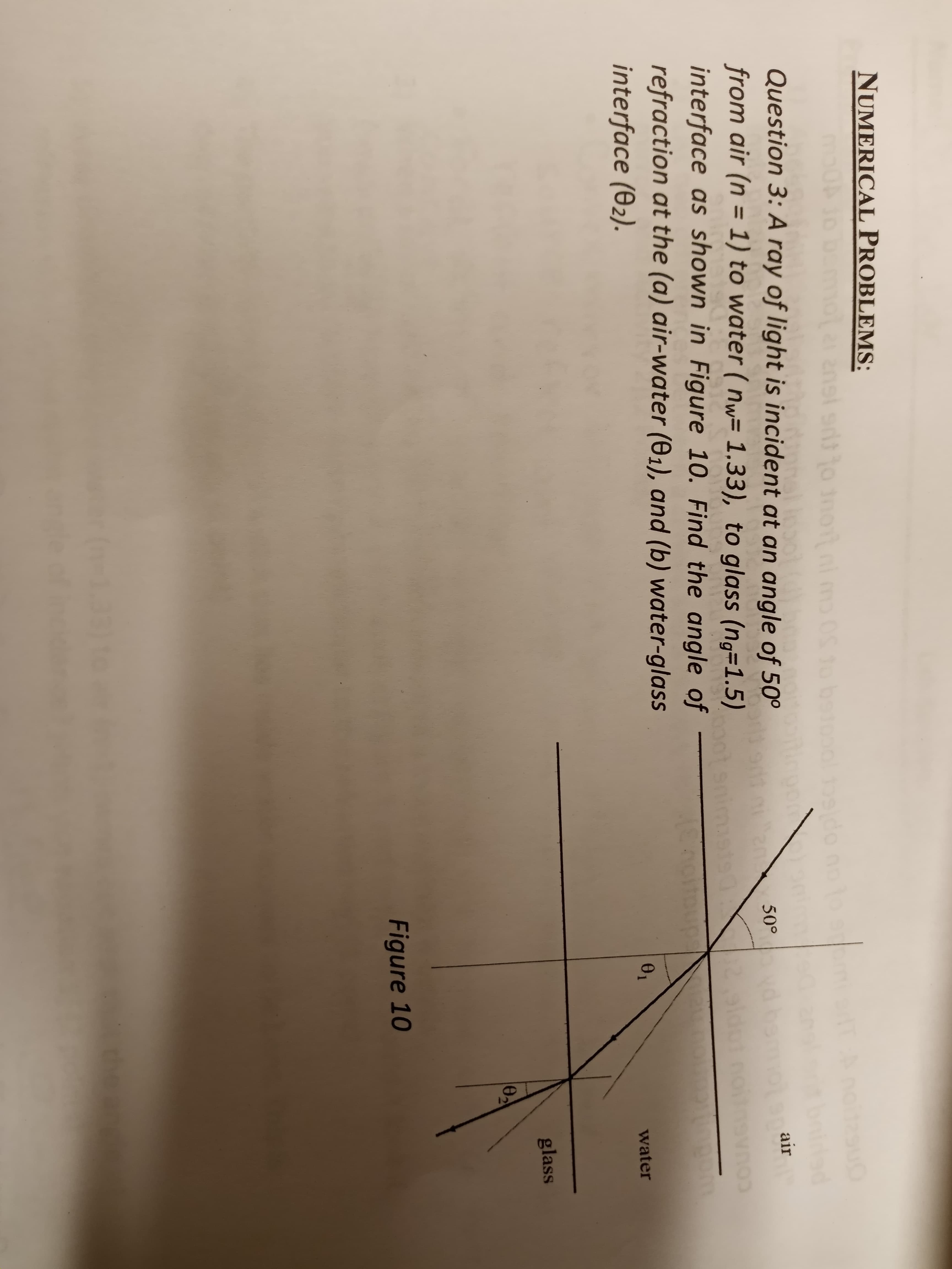 NUMERICAL PROBLEMS:
mooio bemola ansi sd to not
noitasu
by
edo no to
bnided
Question 3: A ray of light is incident at an angle of 50°
from air (n = 1) to water ( nw= 1,33), to glass (ng=1.5)
bs
air
50°
%3D
interface as shown in Figure 10. Find the angle of
refraction at the (a) air-water (01), and (b) water-glass
interface (02).
water
glass
Figure 10
(n-1.33)1
