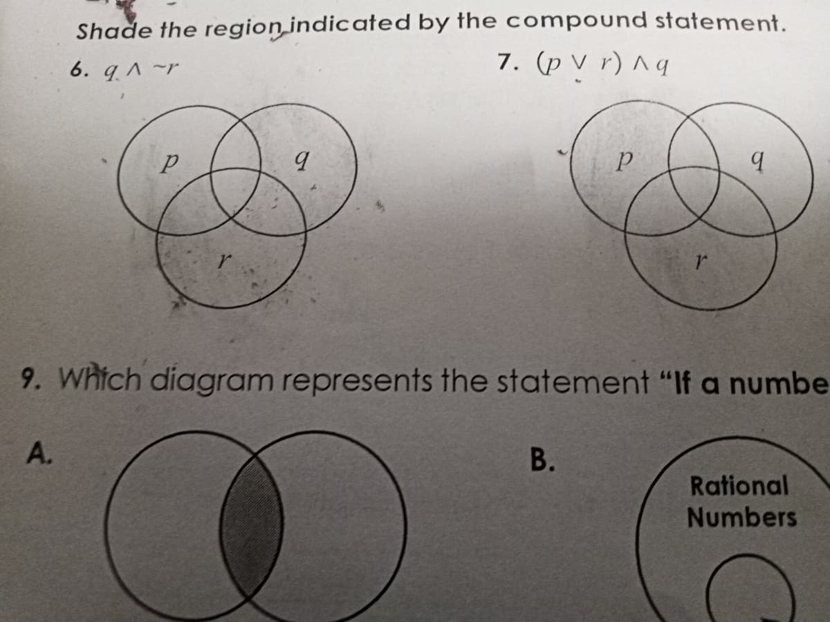 Shade the region indicated by the compound statement.
7. (p Vr) ^ q
6. q.^~r
P
P
9
9. Which diagram represents the statement "If a numbe
B.
A.
Rational
Numbers