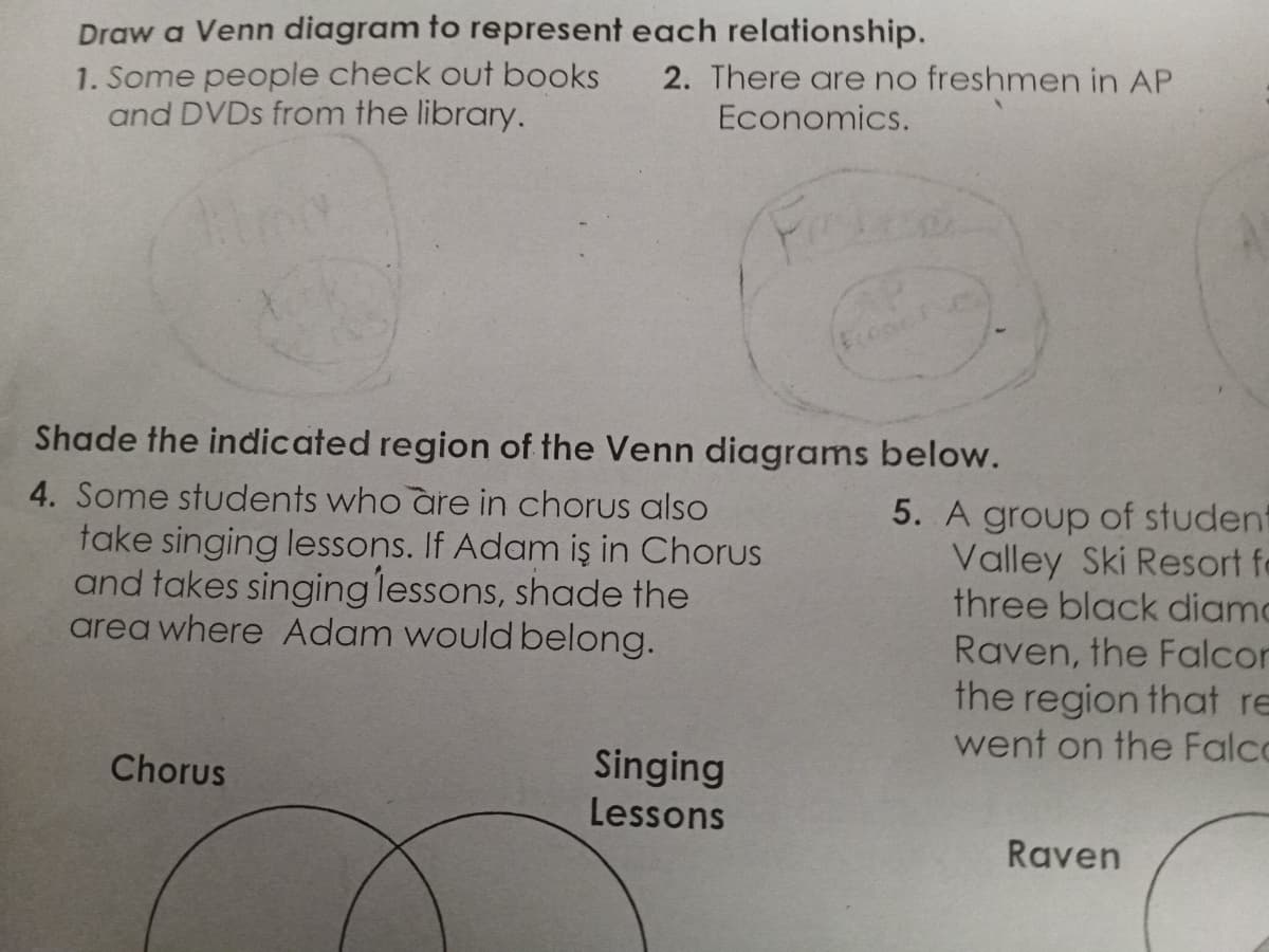 Draw a Venn diagram to represent each relationship.
1. Some people check out books 2. There are no freshmen in AP
and DVDs from the library.
Economics.
Fise
Shade the indicated region of the Venn diagrams below.
4. Some students who are in chorus also
take singing lessons. If Adam iş in Chorus
and takes singing lessons, shade the
area where Adam would belong.
Chorus
Singing
Lessons
5. A group of student
Valley Ski Resort fo
three black diamo
Raven, the Falcor
the region that re
went on the Falco
Raven