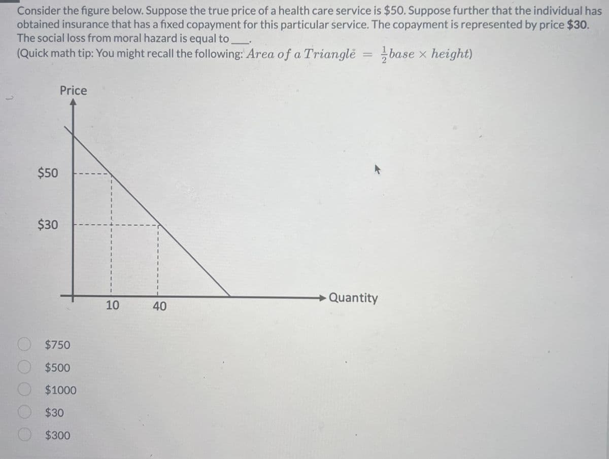 2
Consider the figure below. Suppose the true price of a health care service is $50. Suppose further that the individual has
obtained insurance that has a fixed copayment for this particular service. The copayment is represented by price $30.
The social loss from moral hazard is equal to
(Quick math tip: You might recall the following: Area of a Triangle
base x height)
$50
$30
Price
$750
$500
$1000
$30
$300
10
40
=
Quantity