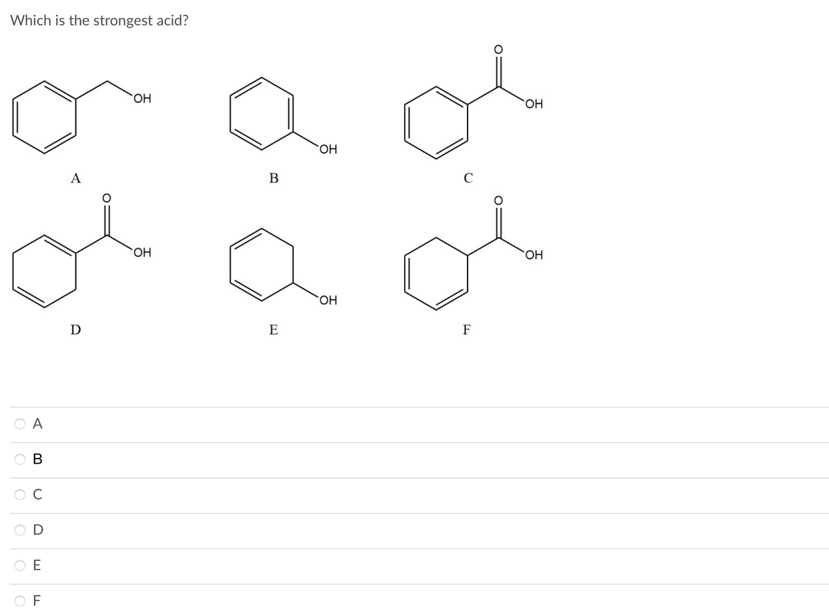 Which is the strongest acid?
А
B
с
E
OF
A
D
‘ОН
ОН
E
OH
‘ОН
F
О
ОН
ОН