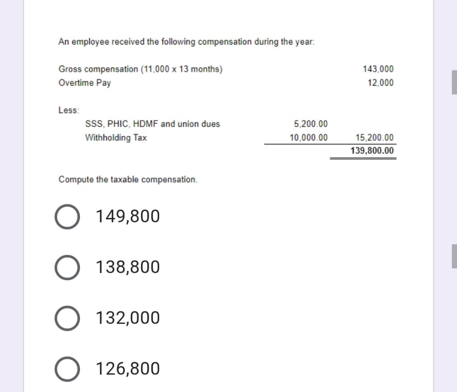 An employee received the following compensation during the year:
Gross compensation (11,000 x 13 months)
Overtime Pay
143,000
12,000
Less:
ssS, PHIC, HDMF and union dues
5,200.00
Withholding Tax
10,000.00
15,200.00
139,800.00
Compute the taxable compensation.
149,800
138,800
132,000
126,800
