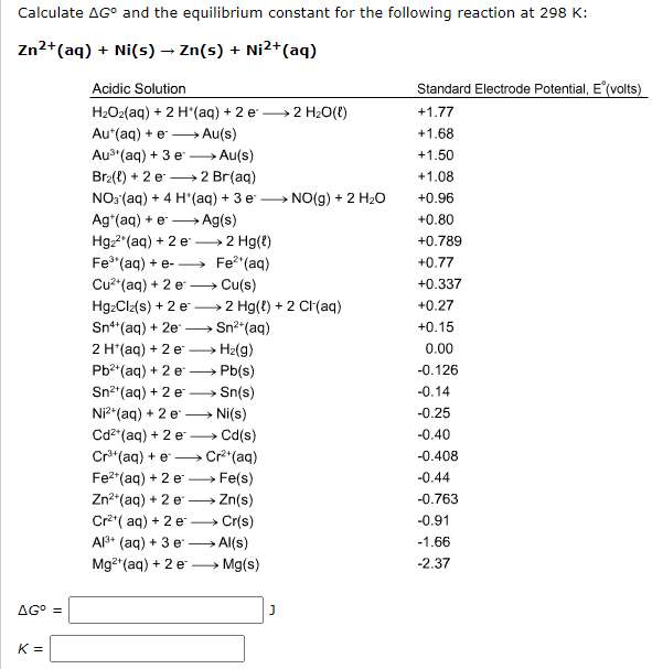 Calculate AGº and the equilibrium constant for the following reaction at 298 K:
Zn²+ (aq) + Ni(s) → Zn(s) + Ni²+ (aq)
Acidic Solution
Standard Electrode Potential, E'(volts)
H₂O₂(aq) + 2 H*(aq) + 2 e → 2 H₂O(l)
+1.77
Aut(aq) + e → Au(s)
+1.68
-
+1.50
Au³(aq) + 3 e →→→ Au(s)
Br₂(l) +2 e
2 Br(aq)
+1.08
NO3(aq) + 4 H*(aq) + 3 e
+0.96
Agt(aq) + e→→→→→→ Ag(s)
+0.80
Hg₂²*(aq) + 2 e —» 2 Hg(l)
+0.789
Fe³(aq) + e-→→→→→→
Fe²¹(aq)
+0.77
Cu²+ (aq) + 2 e-
Cu(s)
+0.337
HgzClz(s) + 2 e
2 Hg(l) + 2 Cl(aq)
+0.27
Sn4+ (aq) + 2e →→→→
Sn²+ (aq)
+0.15
2 H*(aq) + 2 e →→ H₂(g)
0.00
Pb²+ (aq) + 2 e
→→→→ Pb(s)
-0.126
Sn²+ (aq) + 2 e →→→→Sn(s)
-0.14
Ni²+ (aq) + 2 e →→→Ni(s)
-0.25
Cd²+ (aq) + 2 e →→ Cd(s)
-0.40
Cr³+ (aq) + e
Cr²+ (aq)
-0.408
Fe²+ (aq) + 2 e
> Fe(s)
-0.44
Zn²+ (aq) + 2 e →
Zn(s)
-0.763
Cr²+ (aq) + 2 e → > Cr(s)
-0.91
-1.66
Al³+ (aq) + 3 e→→→→ Al(s)
Mg²+ (aq) + 2 e
> Mg(s)
-2.37
AG° =
K =
J
NO(g) + 2 H₂O