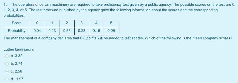 1. The operators of certain machinery are required to take proficiency test given by a public agency. The possible scores on the test are 0,
1, 2, 3, 4, or 5. The test brochure published by the agency gave the following information about the scores and the corresponding
probabilities:
Score
1
2
4
Probability
0.04
0.13
0.38
0.23
0.16
0.06
The management of a company declares that 0.8 points will be added to test scores. Which of the following is the mean company scores?
Lütfen birini seçin:
a. 3.32
b. 2.74
c. 2.56
d. 1.97
