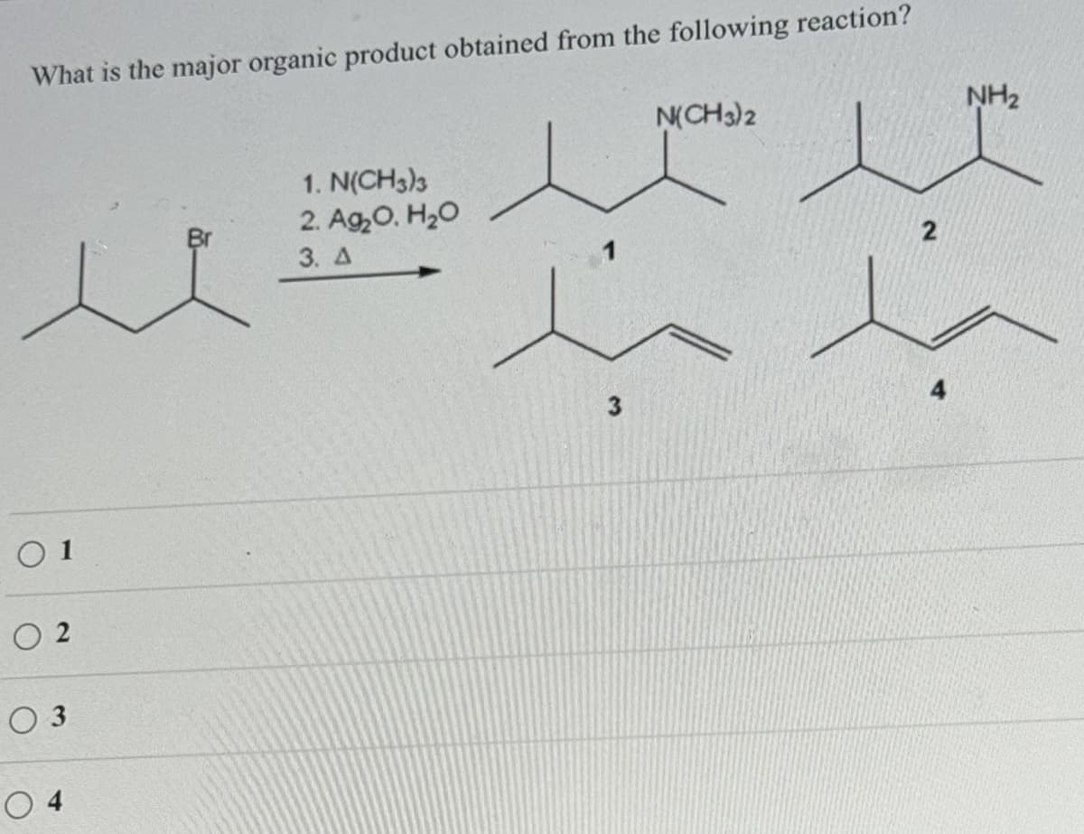 What is the major organic product obtained from the following reaction?
01
O 2
03
04
1. N(CH3)3
2. Ag₂O. H₂O
3. A
3
N(CH3)2
2
NH2