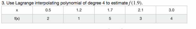 3. Use Lagrange interpolating polynomial of degree 4 to estimate f(1.9).
0.5
1.2
1.7
2.1
3.0
f(x)
1
5
3
4.
