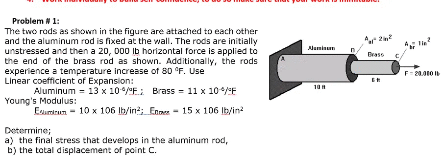 Problem # 1:
The two rods as shown in the figure are attached to each other
and the aluminum rod is fixed at the wall. The rods are initially
unstressed and then a 20, 000 lb horizontal force is applied to
the end of the brass rod as shown. Additionally, the rods
experience a temperature increase of 80 °F. Use
Linear coefficient of Expansion:
Aluminum
13 x 10-6/°F
Brass = 11 x 10-6/°F
Young's Modulus:
EAluminum = 10 x 106 lb/in2; EBrass = 15 x 106 lb/in²
Determine;
a) the final stress that develops in the aluminum rod,
b) the total displacement of point C.
Aluminum
10 ft
B
Aal- 2in²
Brass
6 ft
C
2
1in²
Abr
F = 20,000 lb