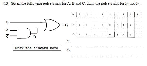 [13] Given the following pulse trains for A, B and C, draw the pulse trains for F₁ and F₂.
B
A
F₁
Draw the answers here
F₂
F1
F2
A
1
B 0
C 0
1 1
0
1
1
1
0 11 1
1
1
0
0
0
1
1
1
0 1
0
0
1
1