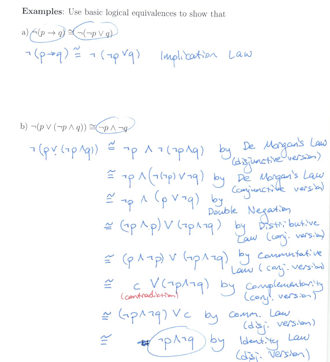 Examples: Use basic logical equivalences to show that
a) (p →g) (pv g)
+(p+q) = + (zp vq) Implication Law
((bv d) ^d) (q
~~-P^-9
bL V dz
7 (pv (+p^q))
یه
ㅅㄱ
up ^7 (2p^9) by De Morgan's Law
=
A
(disjunctive version)
1p ^ (7(7p) V79) by De Morgan's Law
(conjunctive version)
Double Negation
~ (^p^p) V (zp^79) by Distributive
Law (cory. version)
311
d₂
^ (pV+q) by
= (p^7p) v (ap^79) by commutative
Law (canj. version)
ته
(bardz)
с
(contradiction)
c V (7p179) by Complementarity
(cong version)
= (ap^79) Vc by comm. Law
(dis. version)
-p179 by Identity
Law
(disi. Version)