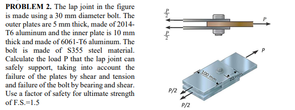 PROBLEM 2. The lap joint in the figure
is made using a 30 mm diameter bolt. The
outer plates are 5 mm thick, made of 2014-
T6 aluminum and the inner plate is 10 mm
thick and made of 6061-T6 aluminum. The
bolt is made of S355 steel material.
Calculate the load P that the lap joint can
safely support, taking into account the
failure of the plates by shear and tension
and failure of the bolt by bearing and shear.
Use a factor of safety for ultimate strength
100 mm
20 mm
P/2
of F.S.=1.5
P/2
