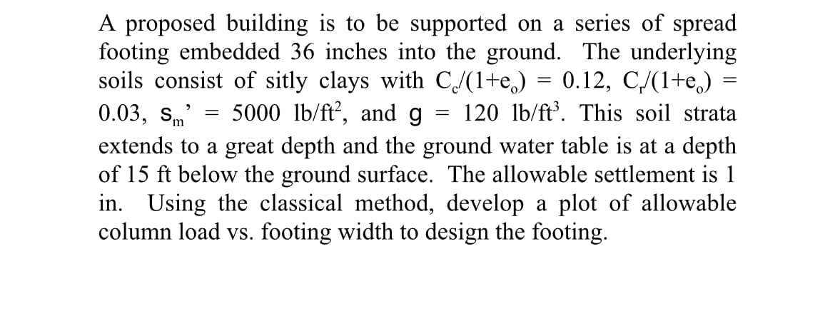 A proposed building is to be supported on a series of spread
footing embedded 36 inches into the ground. The underlying
soils consist of sitly clays with C/(1+e) 0.12, C/(1+e)
0.03, Sm' 5000 lb/ft², and g 120 lb/ft³. This soil strata
extends to a great depth and the ground water table is at a depth
of 15 ft below the ground surface. The allowable settlement is 1
in. Using the classical method, develop a plot of allowable
column load vs. footing width to design the footing.
=
-
=