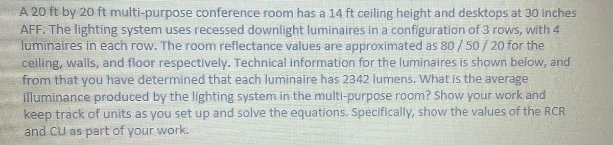 A 20 ft by 20 ft multi-purpose conference room has a 14 ft ceiling height and desktops at 30 inches
AFF. The lighting system uses recessed downlight luminaires in a configuration of 3 rows, with 4
luminaires in each row. The room reflectance values are approximated as 80/50/20 for the
ceiling, walls, and floor respectively. Technical information for the luminaires is shown below, and
from that you have determined that each luminaire has 2342 lumens. What is the average
illuminance produced by the lighting system in the multi-purpose room? Show your work and
keep track of units as you set up and solve the equations. Specifically, show the values of the RCR
and CU as part of your work.