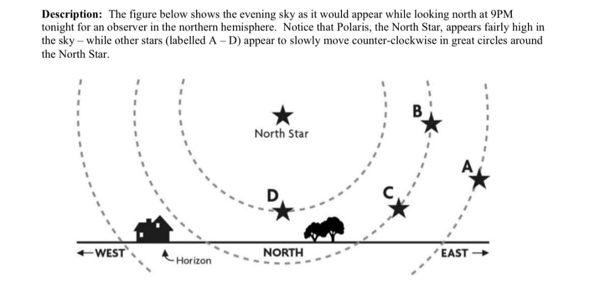 Description: The figure below shows the evening sky as it would appear while looking north at 9PM
tonight for an observer in the northern hemisphere. Notice that Polaris, the North Star, appears fairly high in
the sky - while other stars (labelled A-D) appear to slowly move counter-clockwise in great circles around
the North Star.
-WEST
Horizon
North Star
D
NORTH
EAST