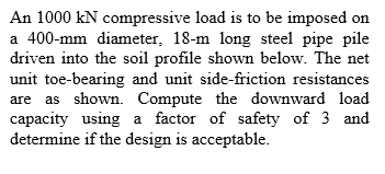 An 1000 kN compressive load is to be imposed on
a 400-mm diameter, 18-m long steel pipe pile
driven into the soil profile shown below. The net
unit toe-bearing and unit side-friction resistances
are as shown. Compute the downward load
capacity using a factor of safety of 3 and
determine if the design is acceptable.