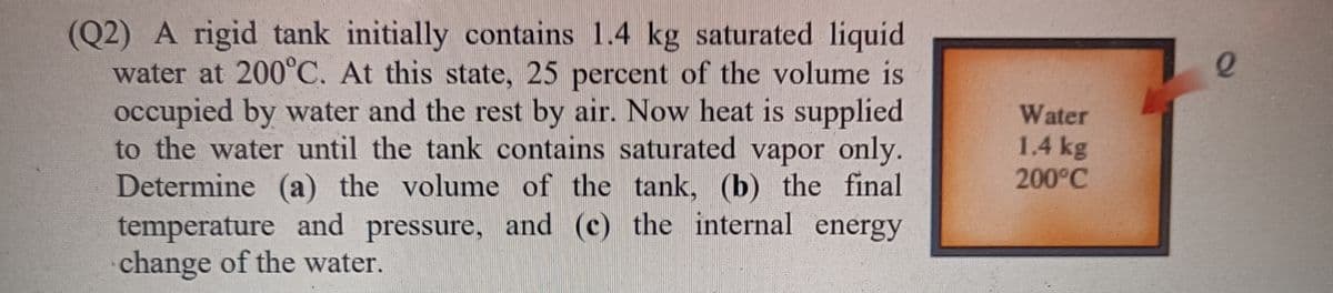 (Q2) A rigid tank initially contains 1.4 kg saturated liquid
water at 200°C. At this state, 25 percent of the volume is
occupied by water and the rest by air. Now heat is supplied
to the water until the tank contains saturated vapor only.
Determine (a) the volume of the tank, (b) the final
temperature and pressure, and (c) the internal energy
change of the water.
Water
1.4 kg
200°C
