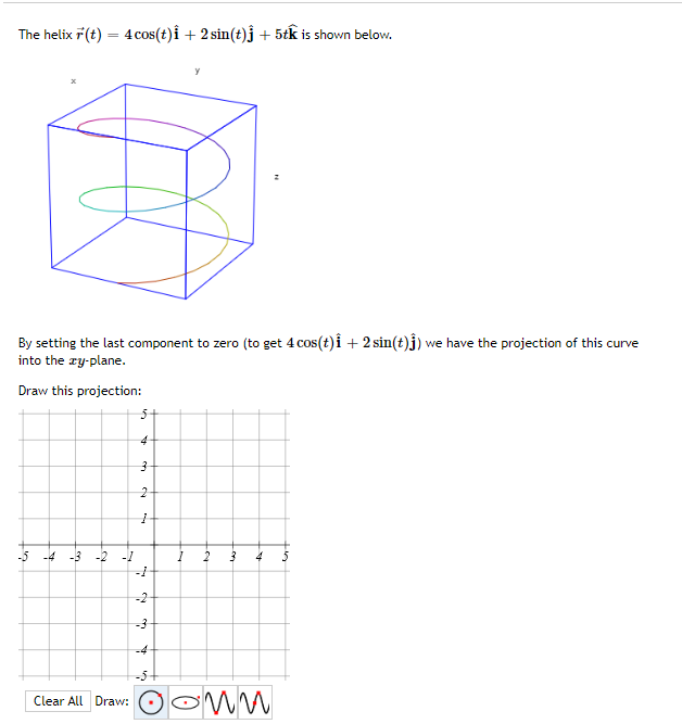 The helix 7(t) = 4 cos(t)î + 2 sin(t)j + 5tk is shown below.
By setting the last component to zero (to get 4 cos(t)î + 2 sin(t)Ĵ) we have the projection of this curve
into the zy-plane.
Draw this projection:
-5 -4 -3
-2
-3
-4
Clear All Draw: O OWW
2.
