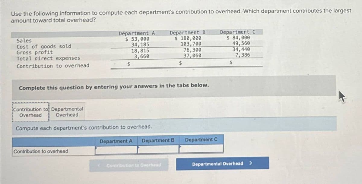 Use the following information to compute each department's contribution to overhead. Which department contributes the largest
amount toward total overhead?
Sales
Cost of goods sold
Gross profit
Total direct expenses
Contribution to overhead
Department A
$ 53,000
Department B
$ 180,000
Department C
$ 84,000
34,185
103,700
49,560
18,815
76,300
34,440
3,660
37,060
7,386
$
$
$
Complete this question by entering your answers in the tabs below.
Contribution to Departmental
Overhead
Overhead
Compute each department's contribution to overhead.
Department A Department B Department C
Contribution to overhead
Contribution to Overhead
Departmental Overhead >