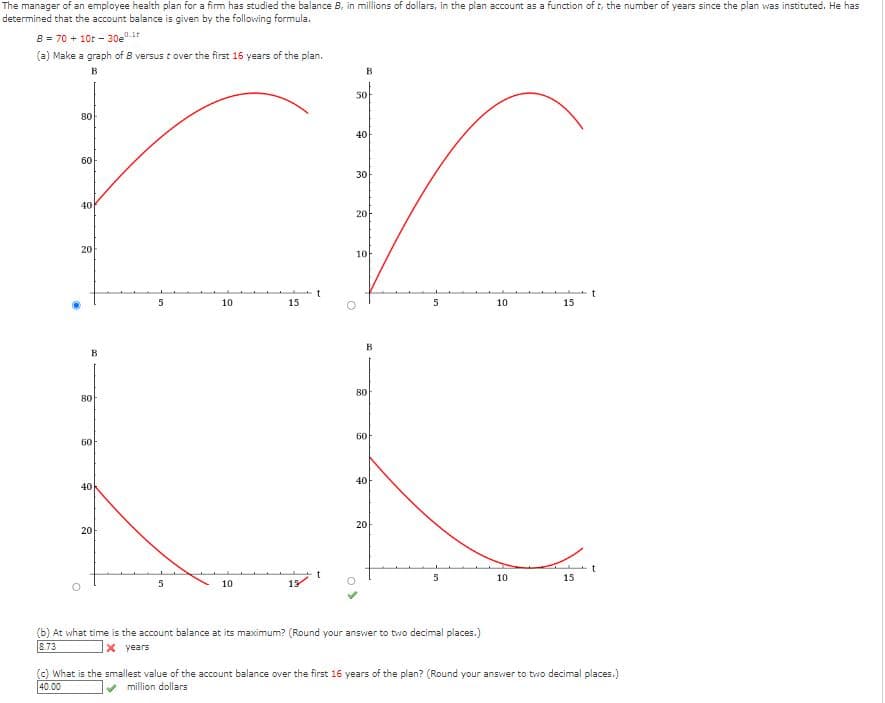 The manager of an employee health plan for a firm has studied the balance 8, in millions of dollars, in the plan account as a function of t, the number of years since the plan was instituted. He has
determined that the account balance is given by the following formula.
B = 70+ 10r - 30e.
(a)
Make a graph of B versus t over the first 16 years of the plan.
B
50
40
Cr
30
20
10
t
B
80
60
40
20
B
80
60
40
20
5
5
10
10
15
15
t
B
80
60
40
20
5
5
(b) At what time is the account balance at its maximum? (Round your answer to two decimal places.)
8.73
x years
10
10
15
15
t
(c) What is the smallest value of the account balance over the first 16 years of the plan? (Round your answer to two decimal places.)
40.00
million dollars