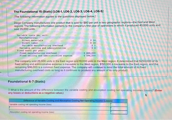 es
The Foundational 15 (Static) (LO6-1, LO6-2, LO6-3, LO6-4, LO6-5)
[The following information applies to the questions displayed below.]
Diego Company manufactures one product that is sold for $80 per unit in two geographic regions-the East and West
regions. The following information pertains to the company's first year of operations in which it produced 40,000 units and
sold 35,000 units.
Variable costs per unit:
Manufacturing:
Direct materials
Direct labor
Variable manufacturing overhead
Variable selling and administrative
Fixed costs per year:
Fixed manufacturing overhead
Fixed selling and administrative expense
$24
$14
$2
$4
The company sold 25,000 units in the East region and 10,000 units in the West region. It determined that $250,000 of its
fixed selling and administrative expense is traceable to the West region, $150,000 is traceable to the East region, and the
remaining $96,000 is a common fixed expense. The company will continue to incur the total amount of its fixed
manufacturing overhead costs as long as it continues to produce any amount of its only product.
Variable costing net operating income (loss)
$ 800,000
$496,000
Foundational 6-7 (Static)
7. What is the amount of the difference between the variable costing and absorption costing net operating incomes (losses)? (Enter
any losses or deductions as a negative value.)
Absorption costing net operating income (loss)
Difference of Variable Costing and Absorption Costing Net Operating Income (Losses)