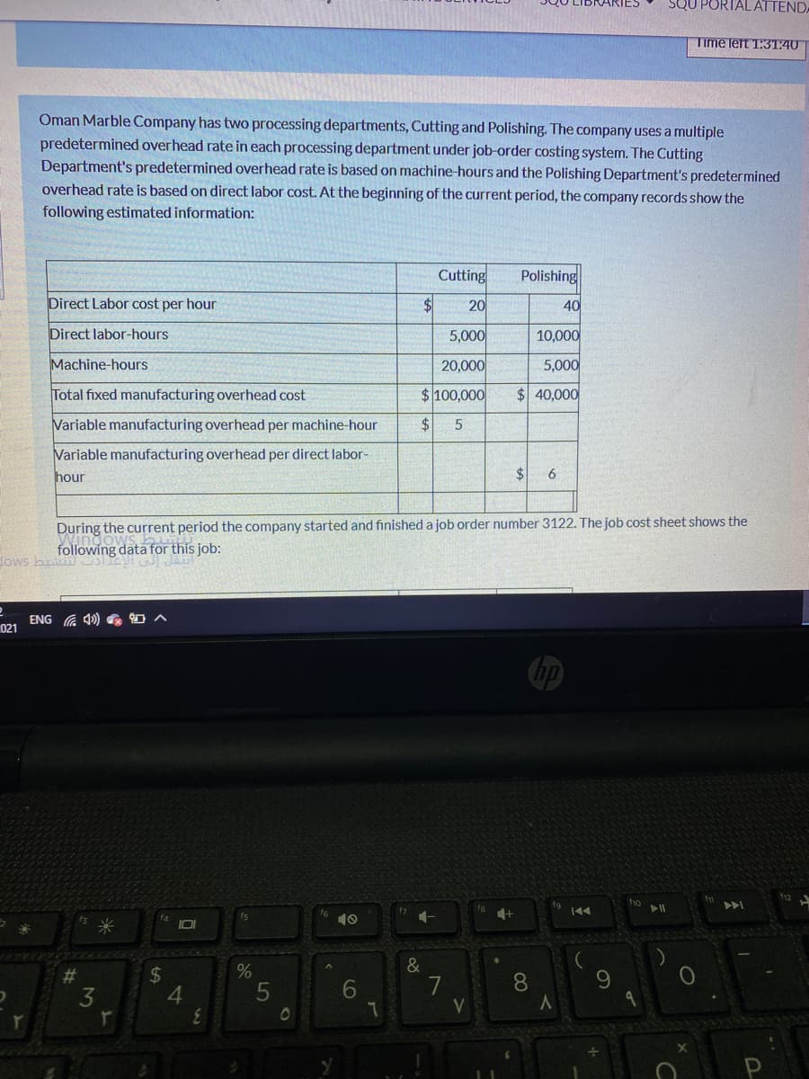 SQU PORTALATTENDA
Time left T:31:40
Oman Marble Company has two processing departments, Cutting and Polishing. The company uses a multiple
predetermined overhead rate in each processing department under job-order costing system. The Cutting
Department's predetermined overhead rate is based on machine-hours and the Polishing Department's predetermined
overhead rate is based on direct labor cost. At the beginning of the current period, the company records show the
following estimated information:
Cutting
Polishing
Direct Labor cost per hour
$4
20
40
Direct labor-hours
5,000
10,000
Machine-hours
20,000
5,000
Total fixed manufacturing overhead cost
$ 100,000
$ 40,000
Variable manufacturing overhead per machine-hour
$4
Variable manufacturing overhead per direct labor-
hour
$4
During the current period the company started and finished a job order number 3122. The job cost sheet shows the
following data for this job:
dows hu Jaul
ENG G 4) G O A
021
fio
トト
f5
10
4+
%24
4.
&
7
V
%23
8.
