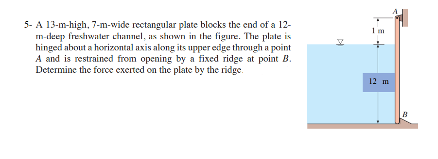 5- A 13-m-high, 7-m-wide rectangular plate blocks the end of a 12-
m-deep freshwater channel, as shown in the figure. The plate is
hinged about a horizontal axis along its upper edge through a point
A and is restrained from opening by a fixed ridge at point B.
Determine the force exerted on the plate by the ridge.
DII
1 m
12 m
B