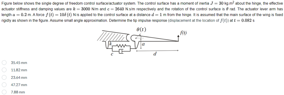 Figure below shows the single degree of freedom control surface/actuator system. The control surface has a moment of inertia J = 30 kg.m² about the hinge, the effective
actuator stiffness and damping values are k = 3000 N/m and c = 2640 N.s/m respectively and the rotation of the control surface is rad. The actuator lever arm has
length a = 0.2 m. A force f (t) = 108 (t) N is applied to the control surface at a distance d = 1 m from the hinge. It is assumed that the main surface of the wing is fixed
rigidly as shown in the figure. Assume small angle approximation. Determine the tip impulse response (displacement at the location of f(t)) at t = 0.082 s
0 (t)
f(t)
35.45 mm
11.82 mm
23.64 mm
47.27 mm
7.88 mm
d