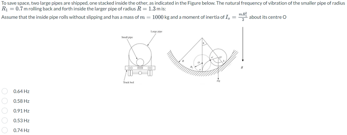 To save space, two large pipes are shipped, one stacked inside the other, as indicated in the Figure below. The natural frequency of vibration of the smaller pipe of radius
R₁ = 0.7 m rolling back and forth inside the larger pipe of radius R = 1.3 m is:
Assume
that the inside pipe rolls without slipping and has a mass of m= 1000 kg and a moment of inertia of I, = about its centre O
0000
0.64
Hz
0.58 Hz
0.91 Hz
0.53 Hz
0.74 Hz
Small pipe
OO
Truck bed
Large pipe
OO
Ri
mg
mR²
2