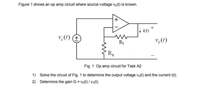 Figure 1 shows an op amp circuit where source voltage vs(t) is known.
v. (t) +
+
R₂
W
Rf
i(t)
v (t)
Fig. 1 Op amp circuit for Task A2
1)
Solve the circuit of Fig. 1 to determine the output voltage vo(t) and the current i(t).
2) Determine the gain G = Vo(t)/Vs(t).