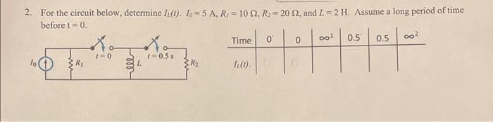 2. For the circuit below, determine Iz(t). Io 5 A, R, 1052, R = 20 52, and L=2 H. Assume a long period of time
before t = 0.
|0|0|²
R₁
1=0
L
r=0.5 s
R₂
Time
IL(1).
001 0.5 0.5
00²