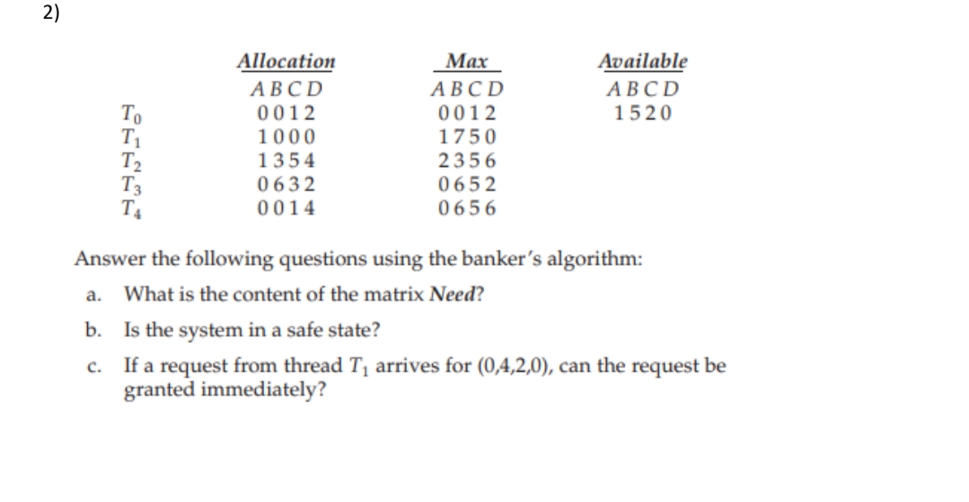 Allocation
Мах
Available
АВCD
АВСD
АВСD
То
T1
T2
T3
0012
0012
1520
1000
1750
1354
2356
0632
0014
0652
0656
Answer the following questions using the banker's algorithm:
a. What is the content of the matrix Need?
b. Is the system in a safe state?
c. If a request from thread T1 arrives for (0,4,2,0), can the request be
granted immediately?
2)
