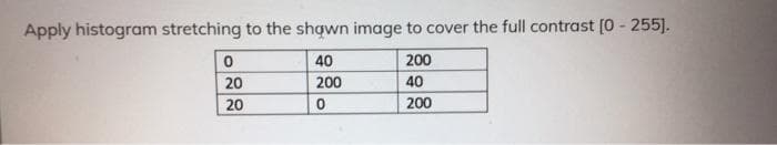 Apply histogram stretching to the shqwn image to cover the full contrast [0 - 255].
40
200
20
200
40
20
200
