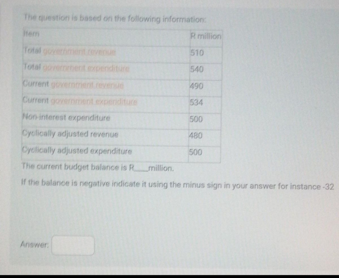 The question is based on the following information:
Item
R million
510
540
490
534
Total government revenue
Total government expenditure
Current government revenue
Current government expenditure
Non-interest expenditure
Cyclically adjusted revenue
Cyclically adjusted expenditure
The current budget balance is R
million.
If the balance is negative indicate it using the minus sign in your answer for instance-32
Answer:
500
480
500