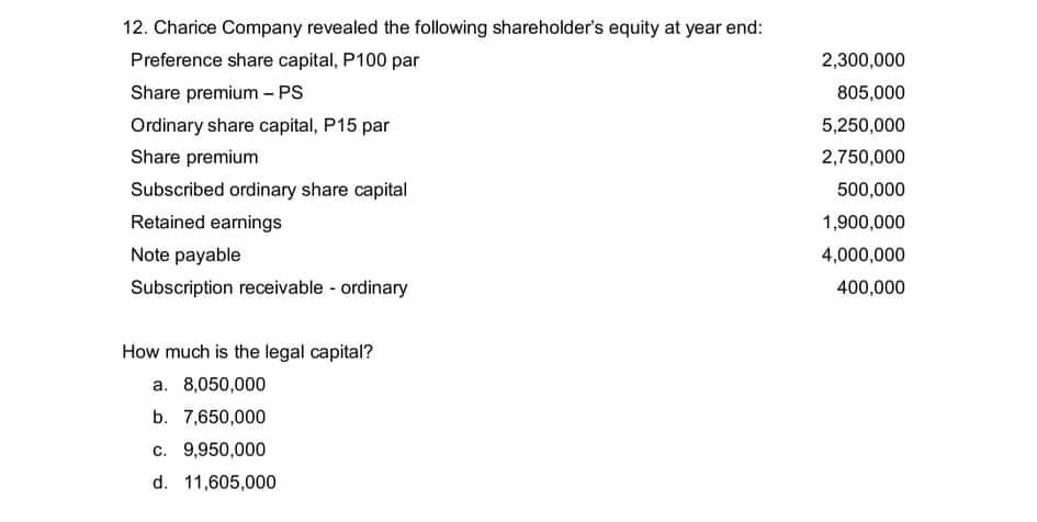 12. Charice Company revealed the following shareholder's equity at year end:
Preference share capital, P100 par
2,300,000
Share premium - PS
805,000
Ordinary share capital, P15 par
5,250,000
Share premium
2,750,000
Subscribed ordinary share capital
500,000
Retained earnings
1,900,000
Note payable
4,000,000
Subscription receivable - ordinary
400,000
How much is the legal capital?
a. 8,050,000
b. 7,650,000
c. 9,950,000
d. 11,605,000
