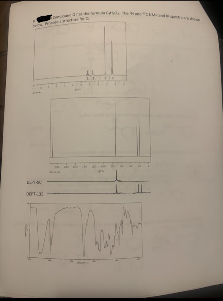 Compound Q has the formula CaHsOz. The 'H and 13C NMR and IR spectra are shown
8.
below. Propose a structure for O.
1:1
3: 3
ppm
200
180
160
140
120
100
80
pm
DEPT-90
DEPT-135
