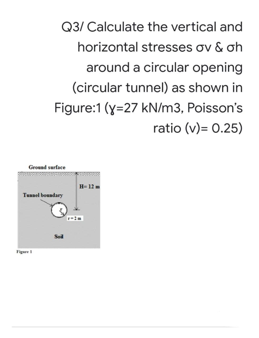 Q3/ Calculate the vertical and
horizontal stresses ov & oh
around a circular opening
(circular tunnel) as shown in
Figure:1 (y=27 kN/m3, Poisson's
ratio (v)= 0.25)
H= 12 m
Ground surface
Tunnel boundary
Figure 1
Soil
r = 2m