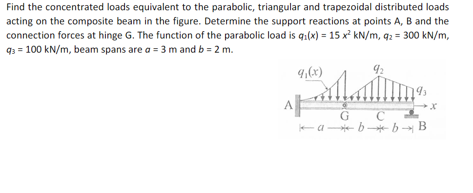 Find the concentrated loads equivalent to the parabolic, triangular and trapezoidal distributed loads
acting on the composite beam in the figure. Determine the support reactions at points A, B and the
connection forces at hinge G. The function of the parabolic load is q1(x) = 15 x² kN/m, q2 = 300 kN/m,
q3 = 100 kN/m, beam spans are a = 3 m and b = 2 m.
92
(x)'h
AF
- a - b - b B
