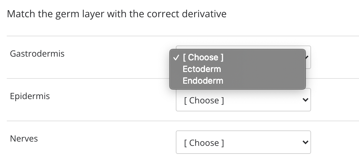 Match the germ layer with the correct derivative
Gastrodermis
v [ Choose ]
Ectoderm
Endoderm
Epidermis
[ Choose ]
Nerves
[ Choose ]
